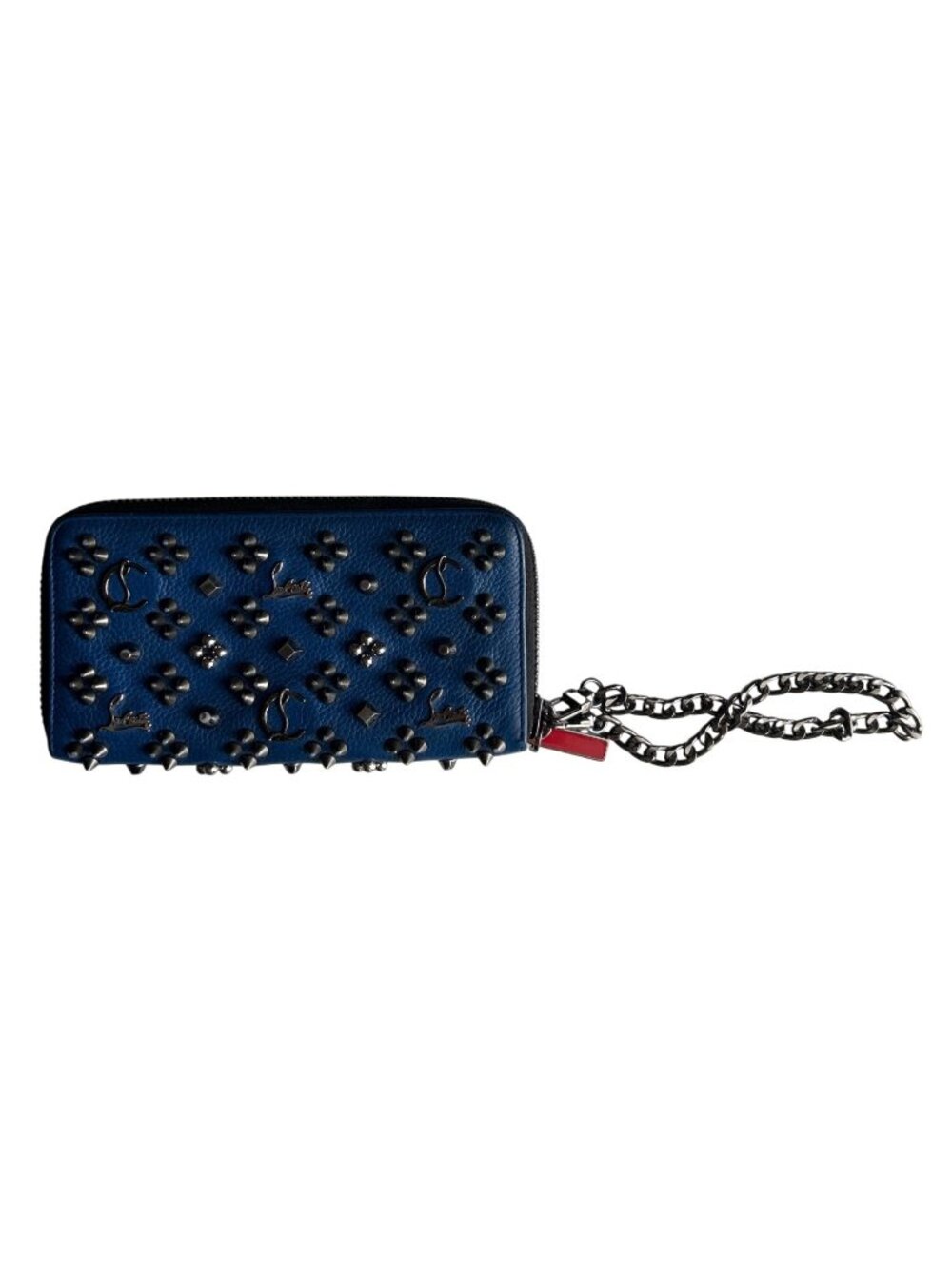 Christian Louboutin Blue Leather Studded Wallet With Chain & Red Interior